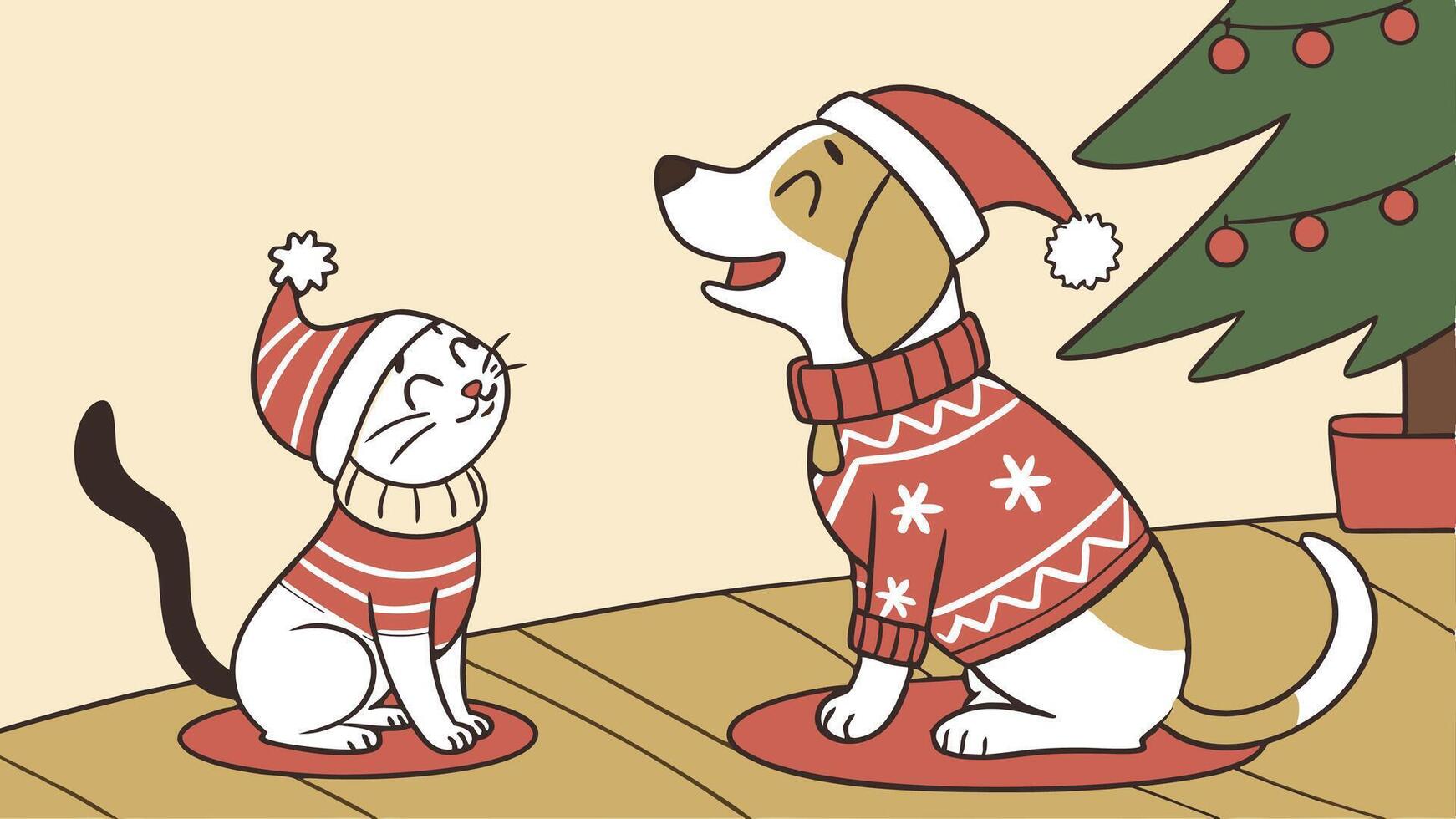 Cat and dog wearing santa christmas sweater and knitted hat vector