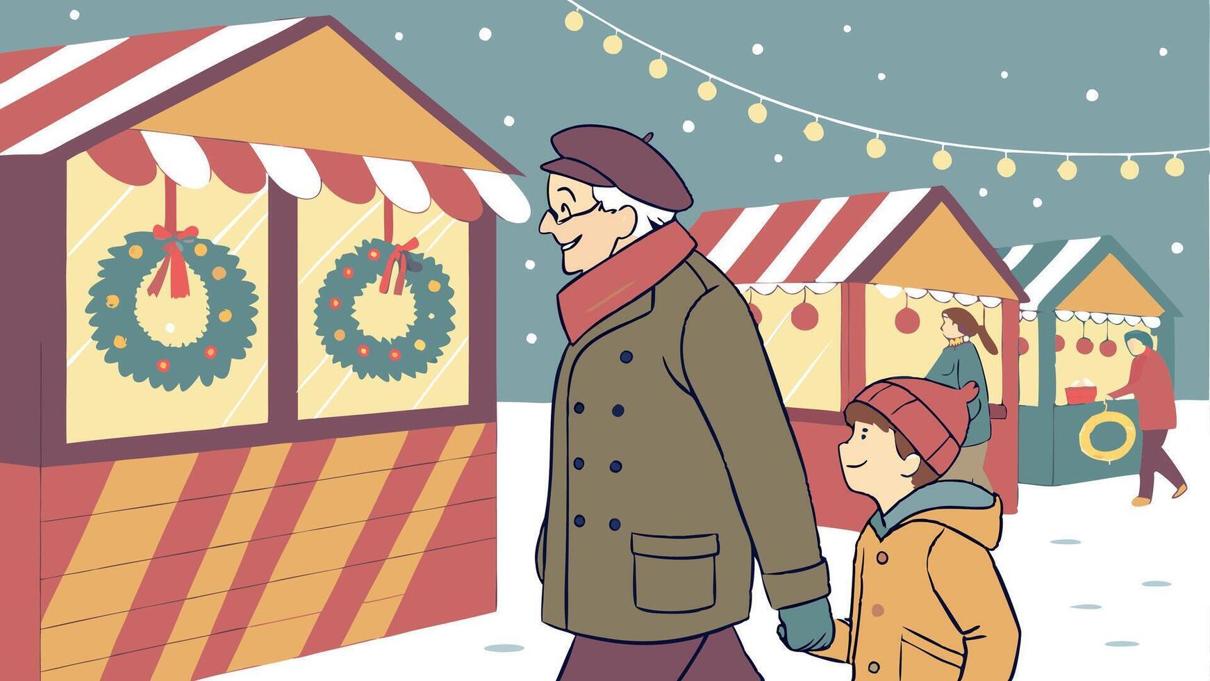 An illustration of an old man and a child walking through a market vector