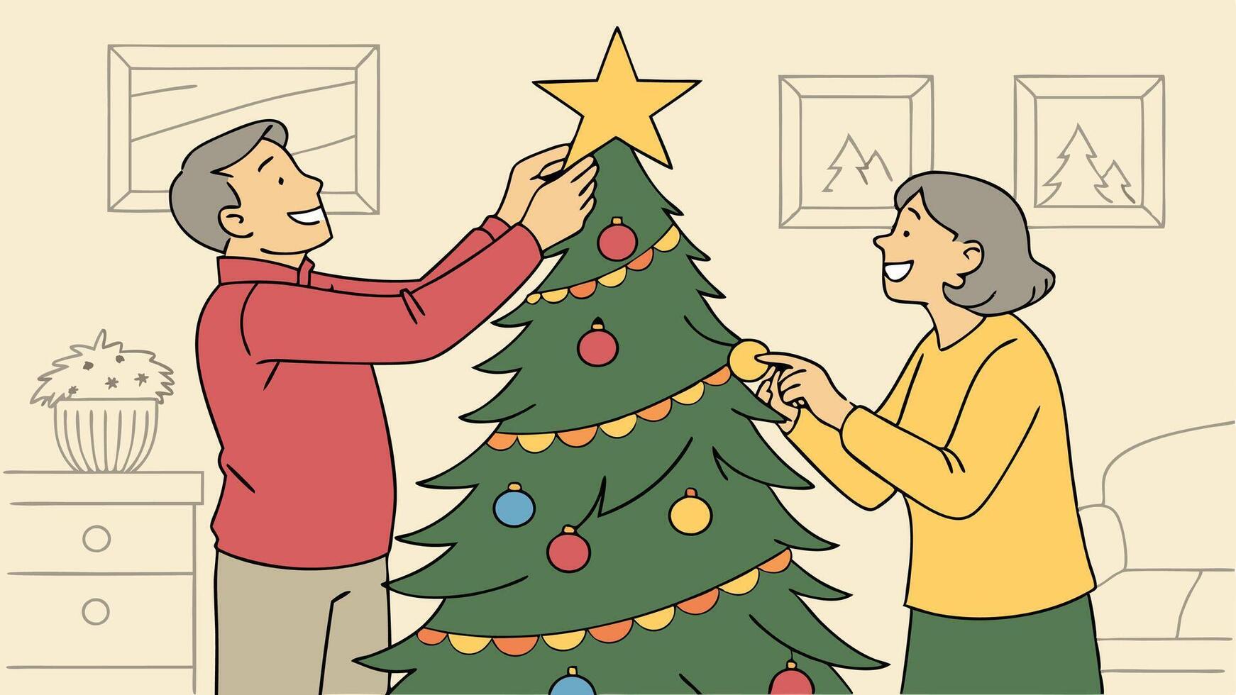 A cartoon illustration of an elderly couple decorating a christmas tree vector