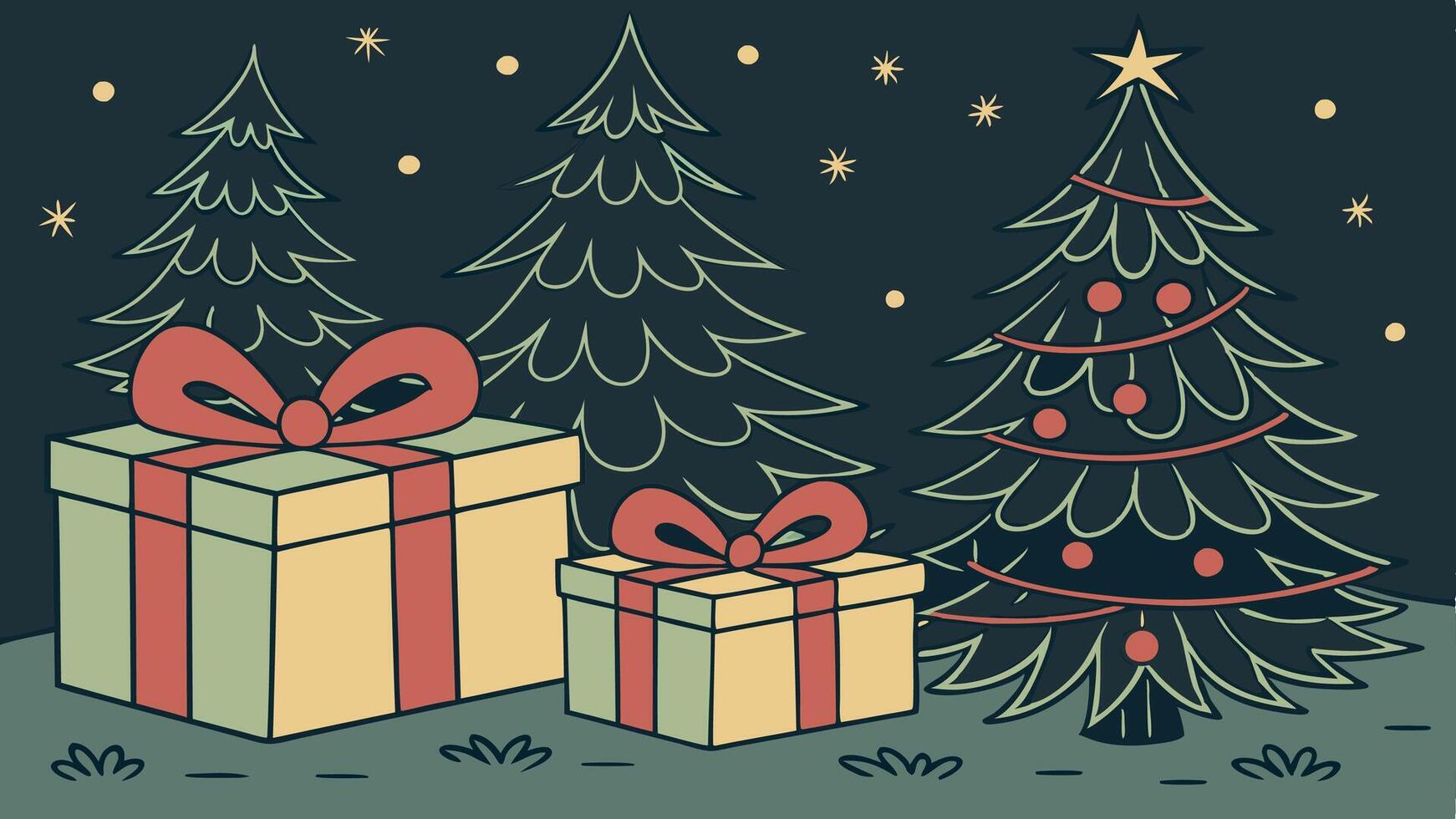 Dark christmas background with presents and christmas trees vector