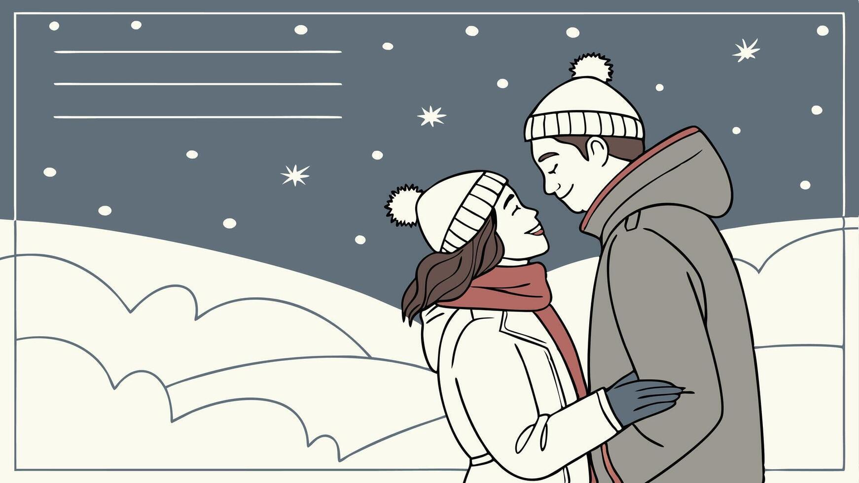 Couple in love hugging under the snow. winter or christmas mood. lights. copy space vector