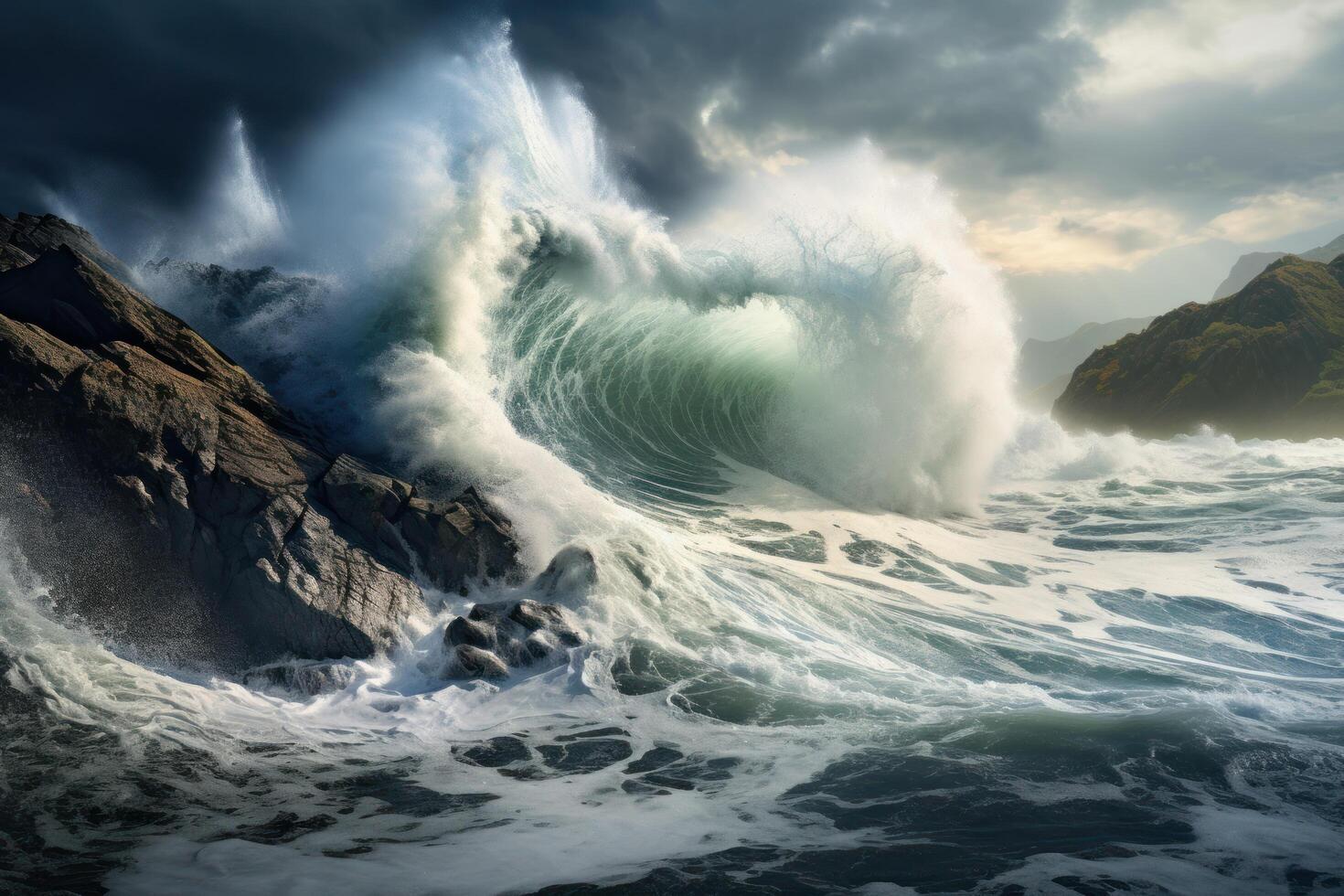 Powerful ocean wave crashing against rocky shore photo