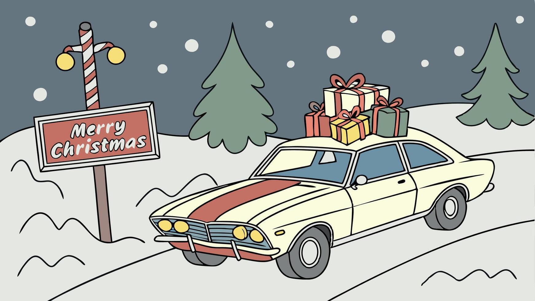 Candy festive holiday retro winter car merry christmas gift snow. vector