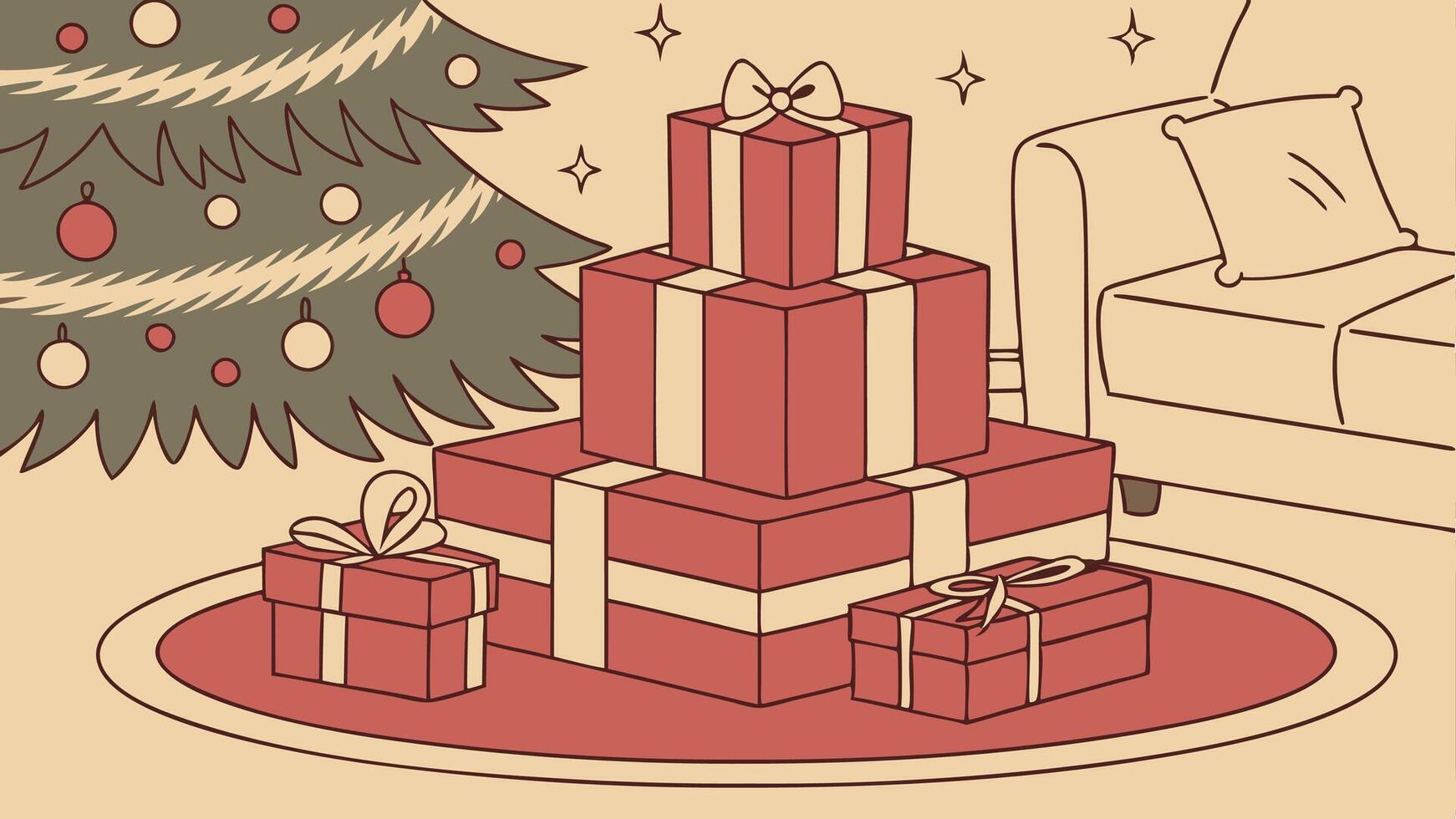 A christmas tree and presents are sitting on a rug vector