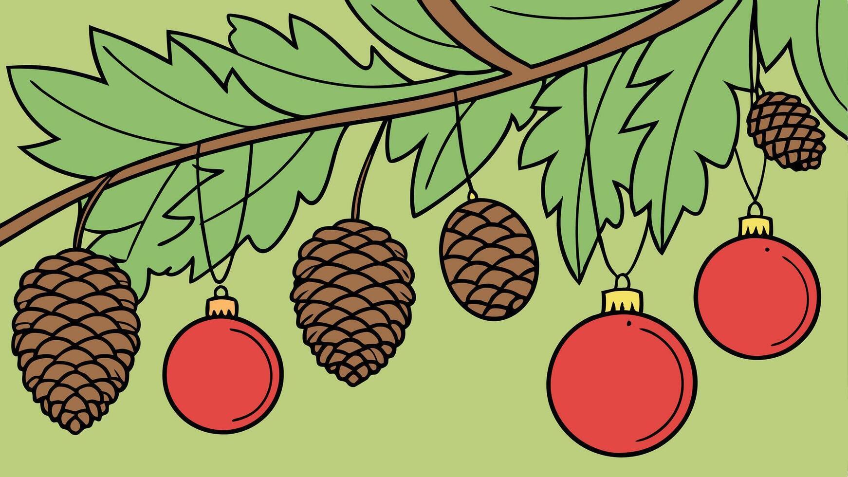 A cartoon drawing of pine cones and balls hanging from a branch vector