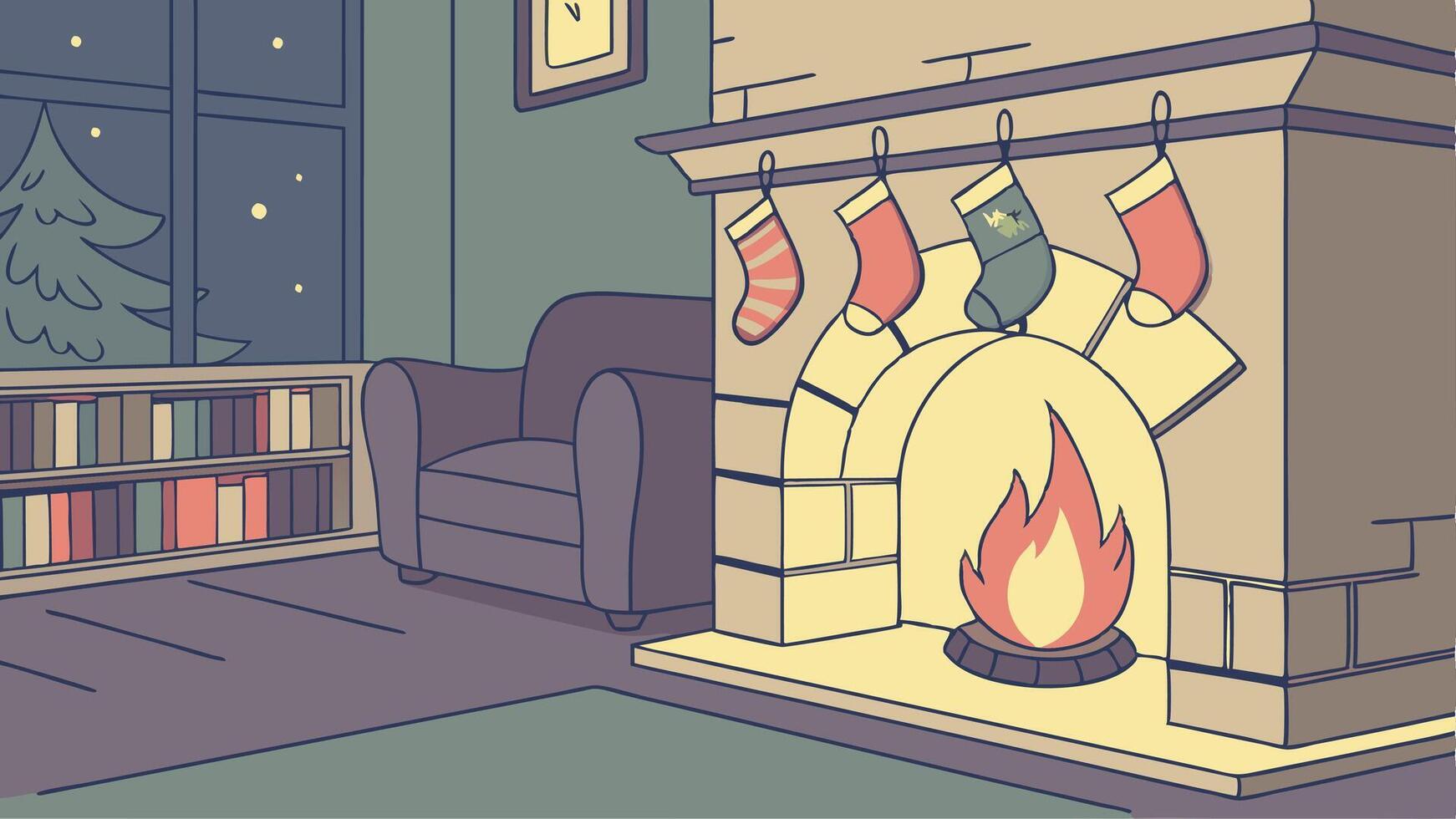 A cartoon fireplace with stockings hanging on the wall vector
