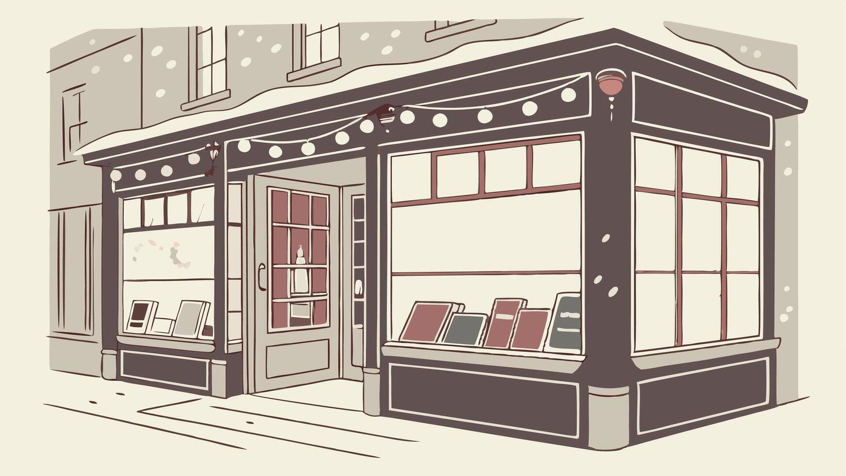 Book shop window with Christmas decoration. Watercolor illustration in retro style. vector