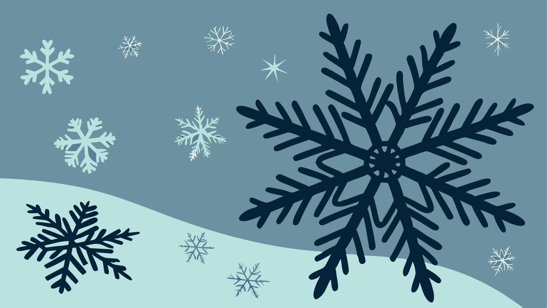 A snowflake is shown in the dark with snow flakes on it's sides and a blue background. vector
