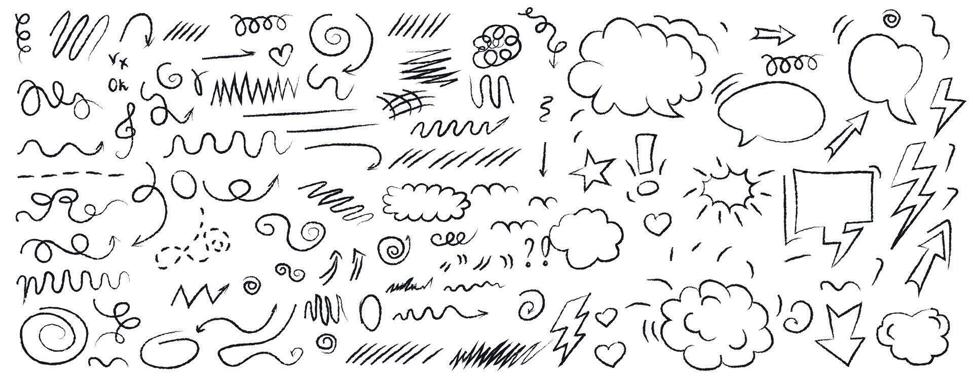 Hand drawn circle in doodle sketch style, set of cloud speech bubbles elements. Arrows, stars, heart-shaped decorations. vector