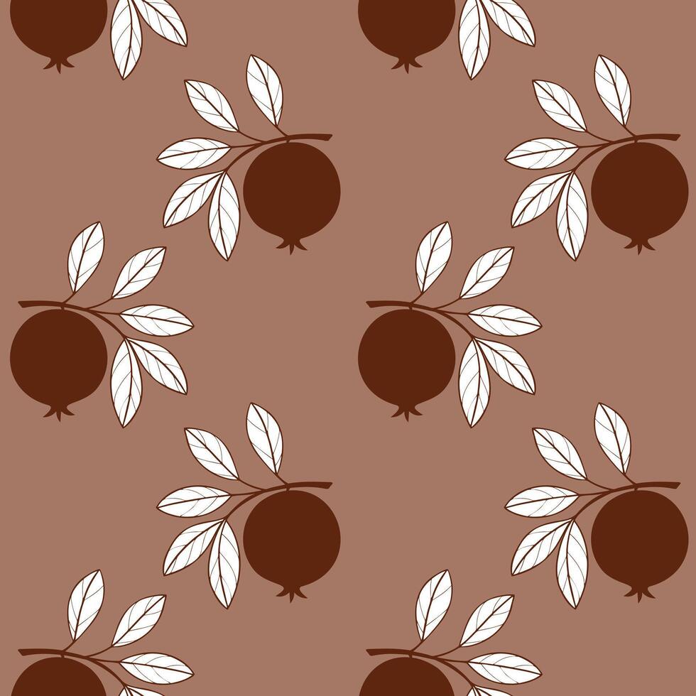 Pomegranate burgundy fruit pattern mocha mousse, stylized contour drawing. vector