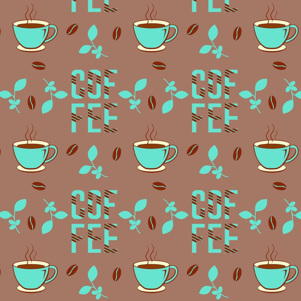 Coffee mugs with hot drink and coffee beans and letters seamless pattern on mocha mousse background. vector