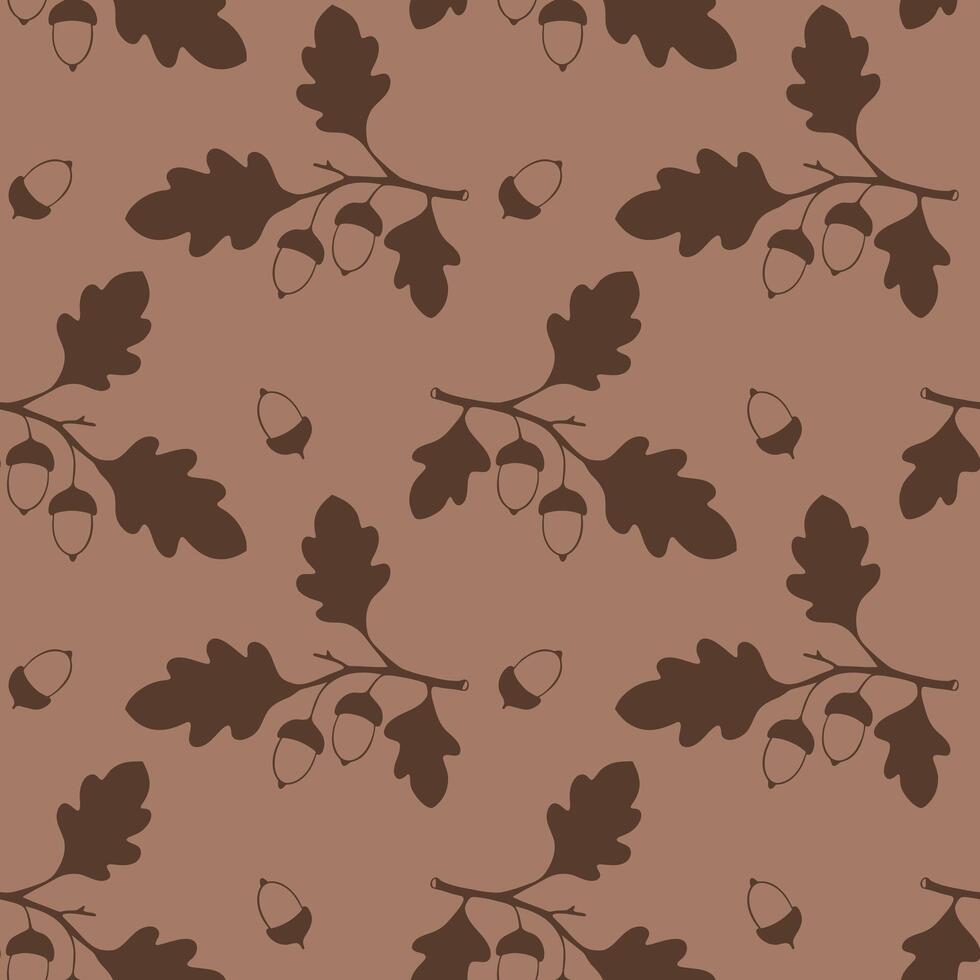 Mocha mousse pattern oak branches with leaves and acorns, brown colors drawing. vector