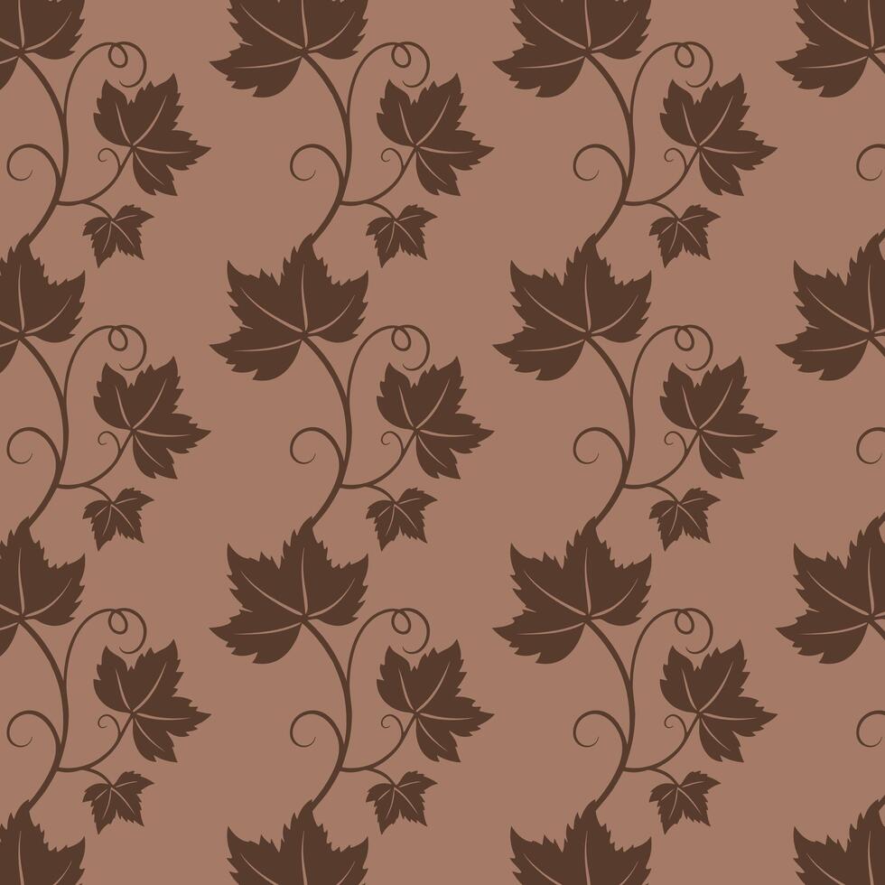 Grape vine with leaves pattern,brown chocolate vine silhouette on mocha mousse background. vector