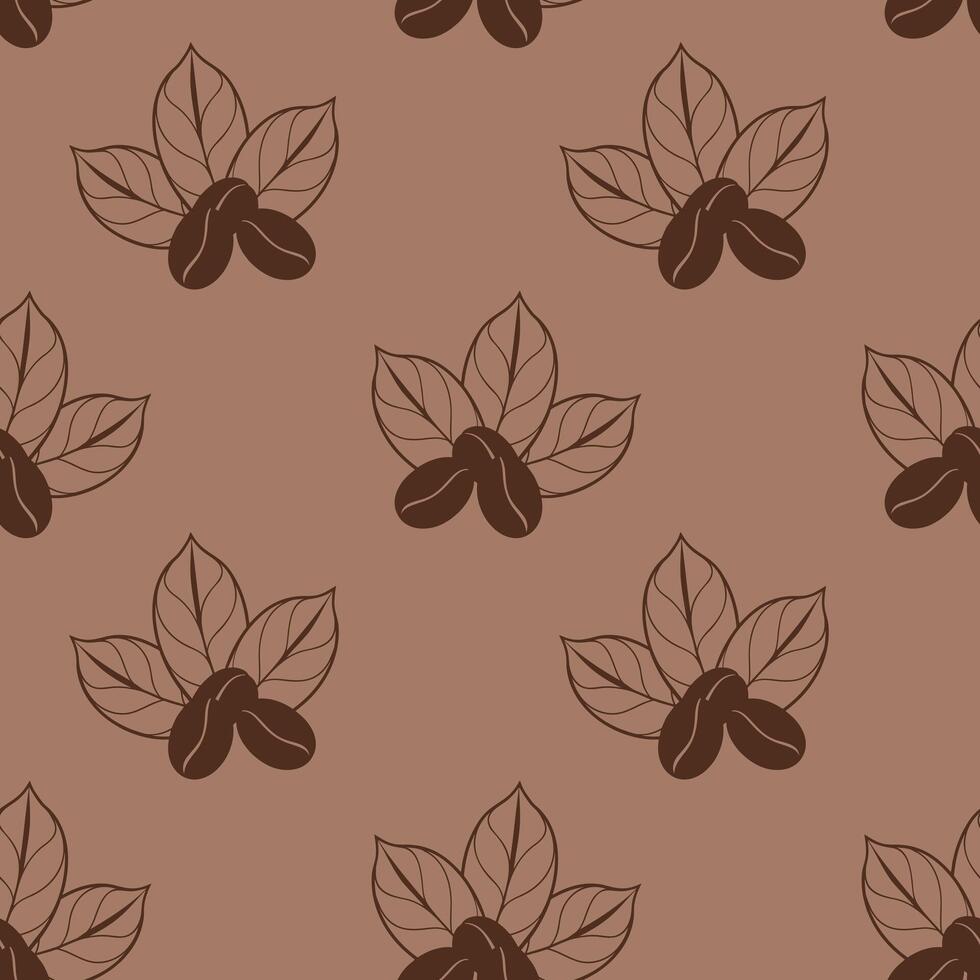 Mocha mousse pattern coffee beans on coffee leaves, doodle stylized contour drawing. vector