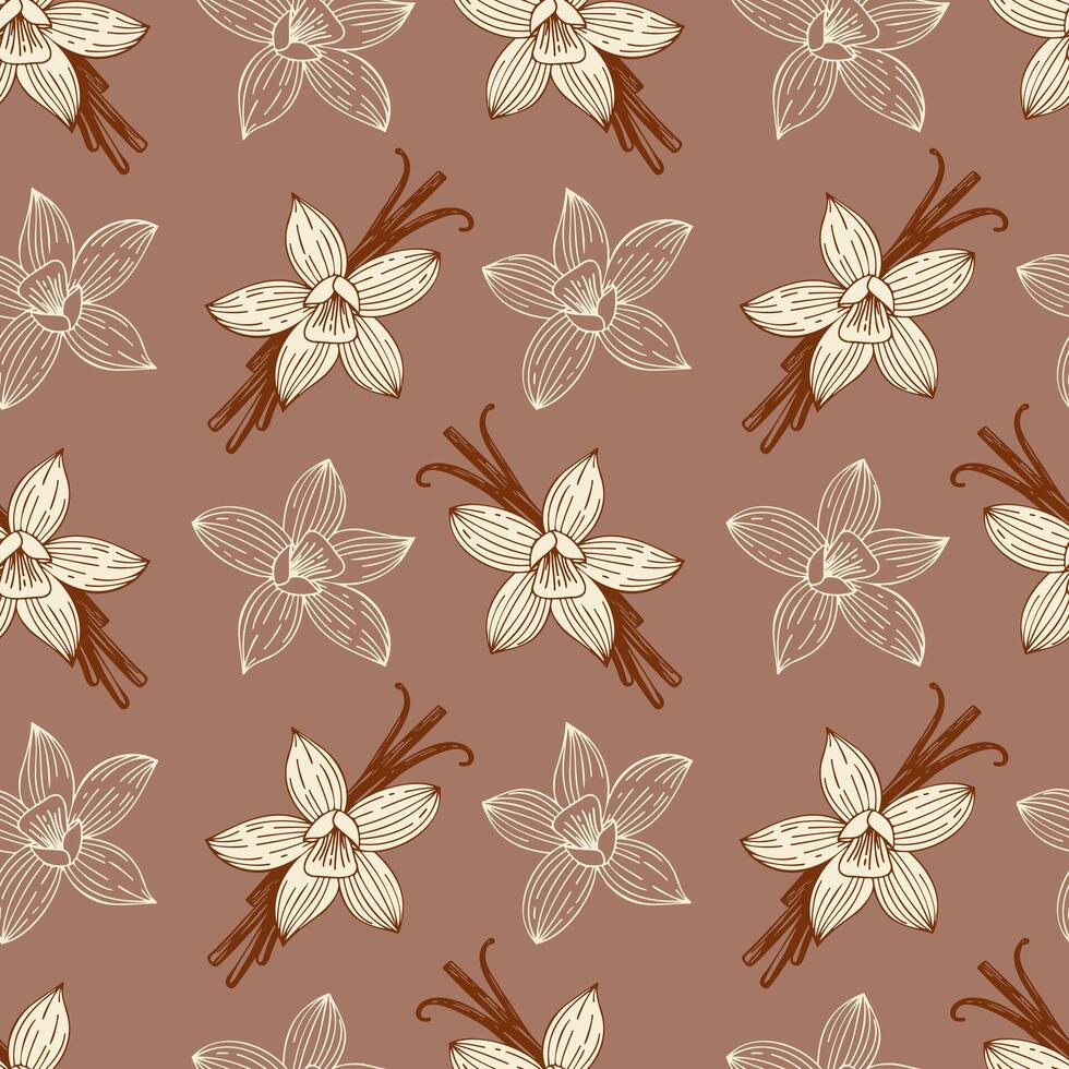 Pattern with beige flowers and vanilla sticks on mocha mousse background. vector