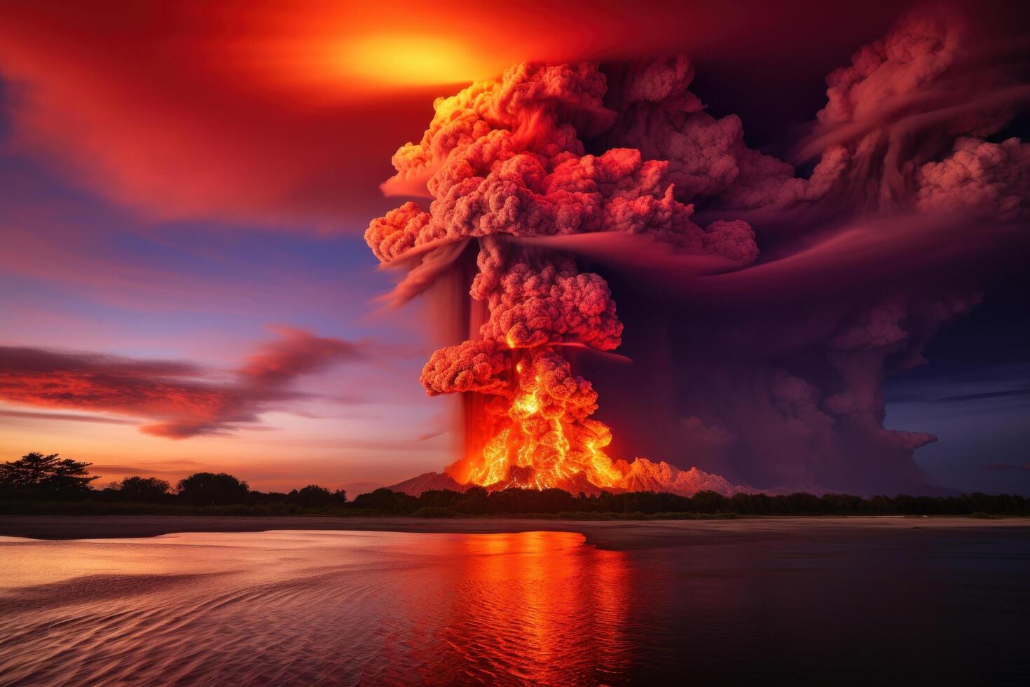 Dramatic volcanic eruption at sunset photo