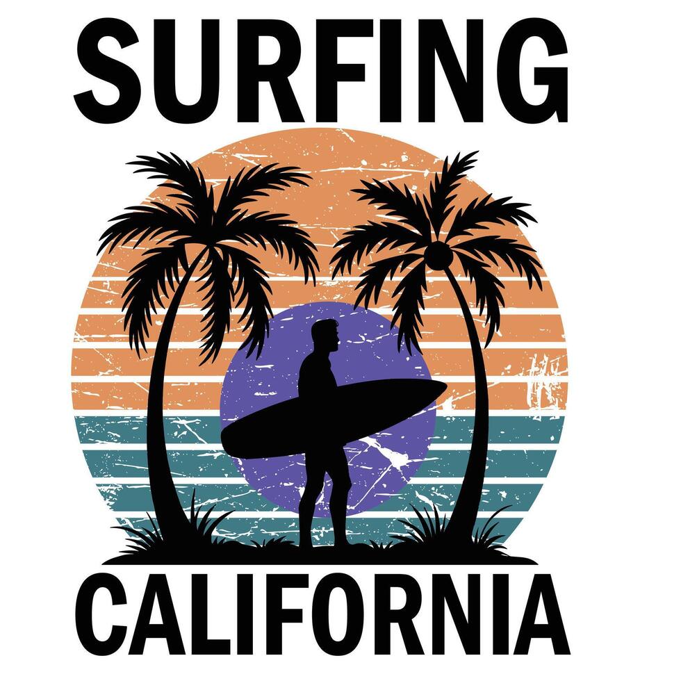 Surfing California t shirt showcases a retro sunset, palm trees, and a surfer silhouette, embodying the spirit of California s beach life vector