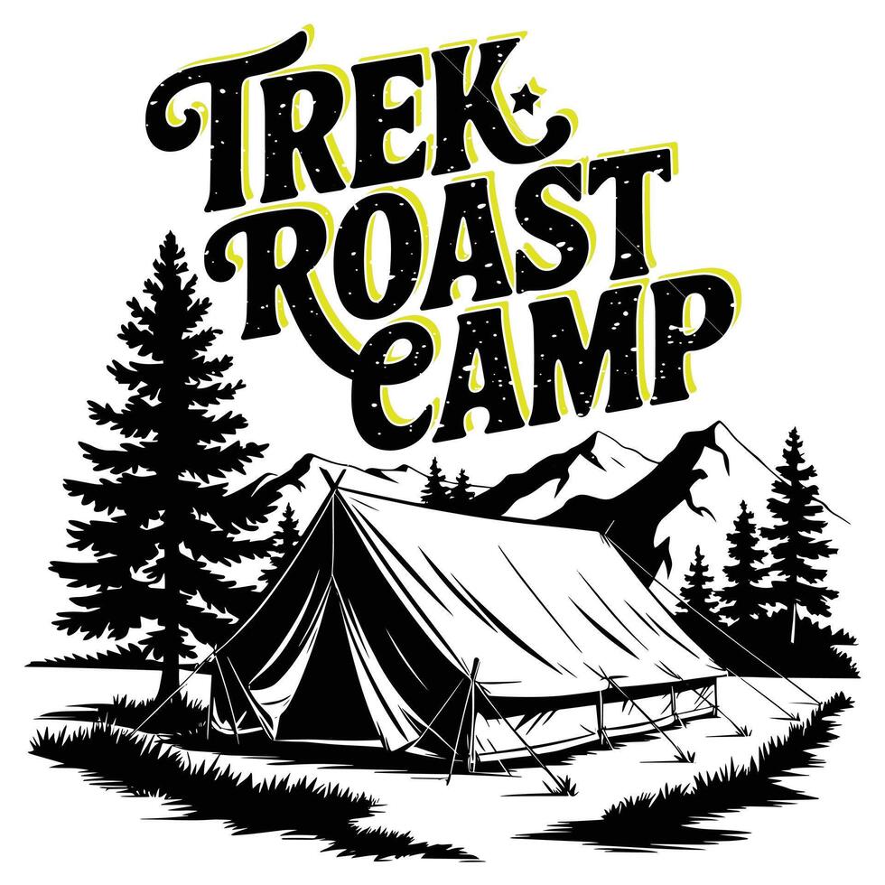Vintage Camping Adventure ,Retro Typography with Mountains and Pine Trees in Black and White. vector