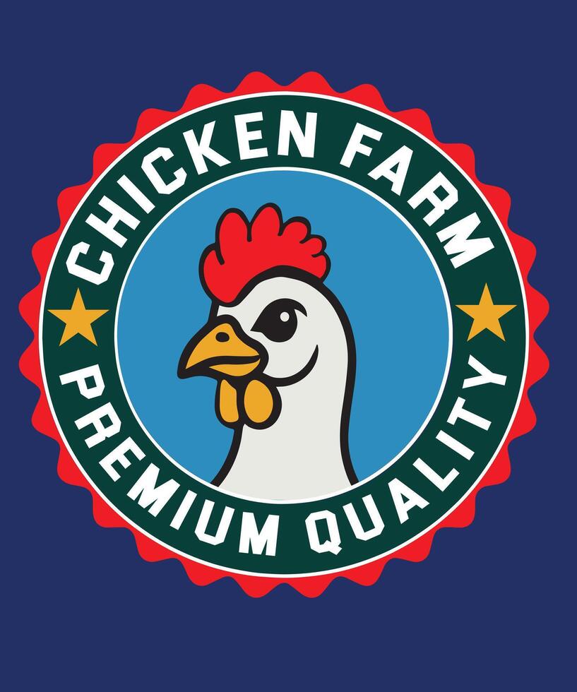 Chicken Farm Premium Quality logo with a cartoon-style chicken, perfect for branding, packaging, or farm-related businesses. Vibrant design in red, blue, and green for a professional look. vector