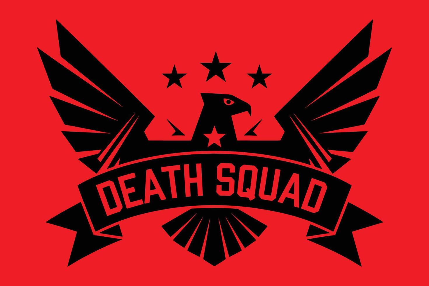 Eagle Logo symbol. Bold and striking Death Squad emblem with a fierce black eagle on a isolated red background. vector