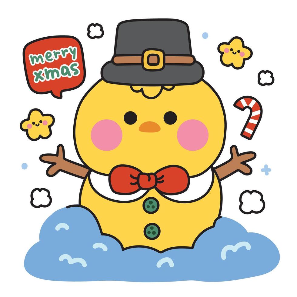 Merry christmas.Happy new year festival.Winter.Cute chicken wear hat and bow in snowman with merry xmas text.Candy.Star.Farm bird animal character cartoon.Kawaii.Illustration. vector