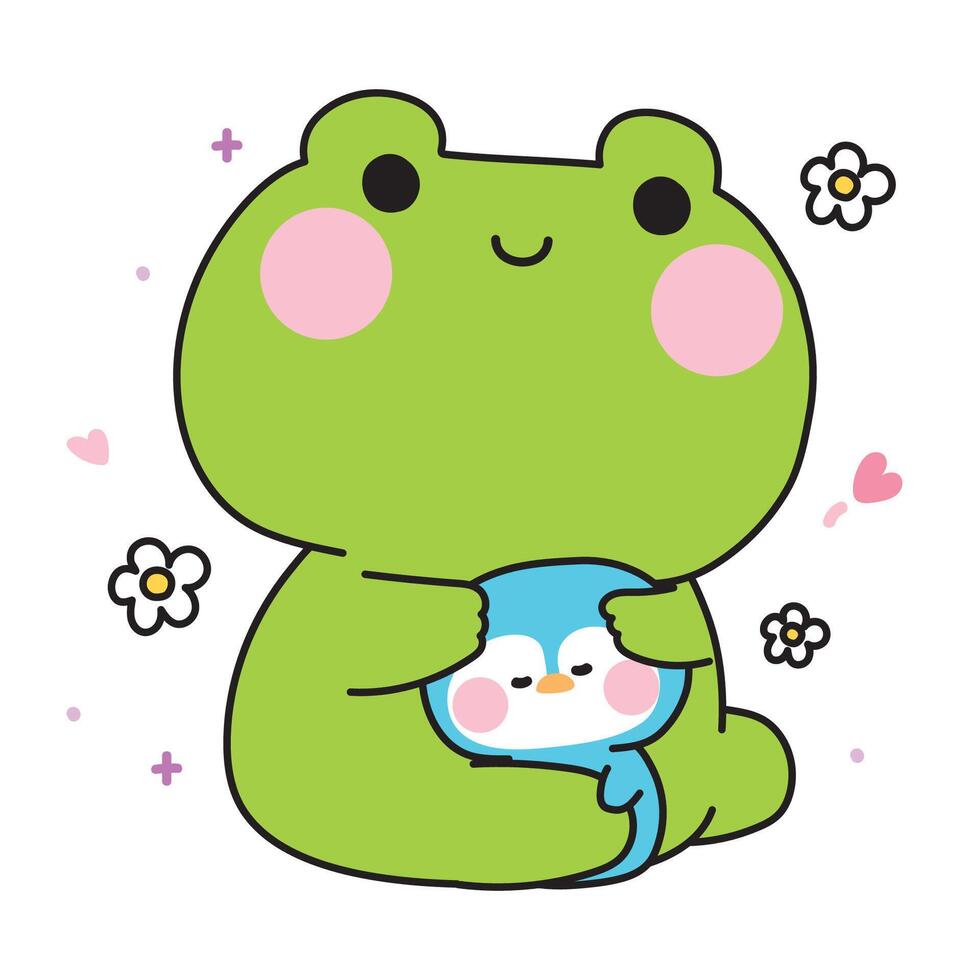 Cute frog doll hug tiny penguin with flower.Reptile and polar bird animal character cartoon design.Image for sticker,baby clothing,stationary.Kawaii.Illustration. vector