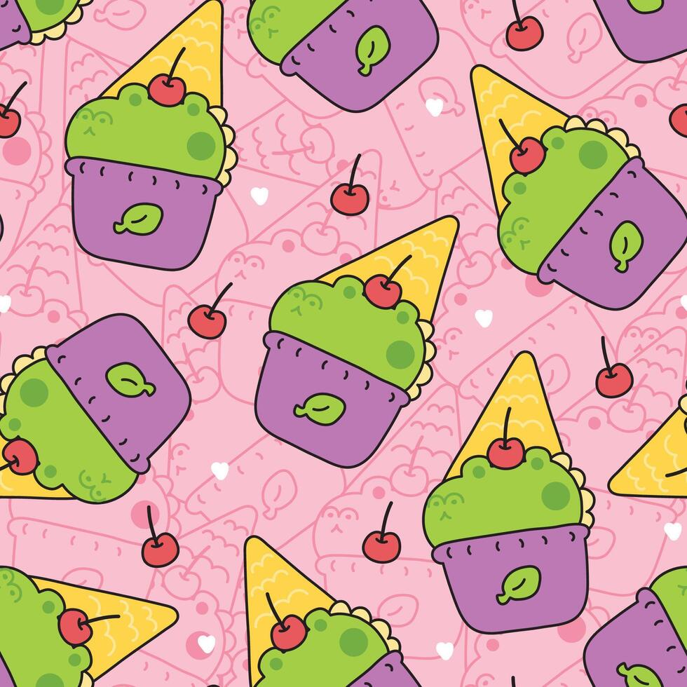 Seamless pattern of cute crocodile green tea ice cream flavor with cherry and cone background.Sweet and dessert.Reptile animal cartoon hand drawn.Kawaii.Illustration. vector