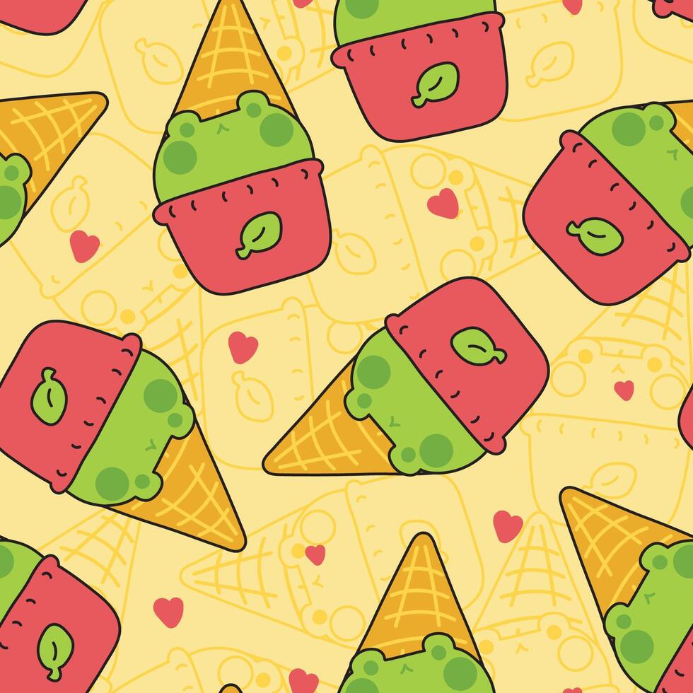 Seamless pattern of cute frog green tea ice cream flavor with cone background.Sweet and dessert.Reptile animal cartoon hand drawn.Kawaii.Illustration. vector
