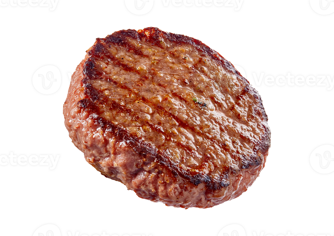 A delicious hamburger meat is shown on a transparent background png