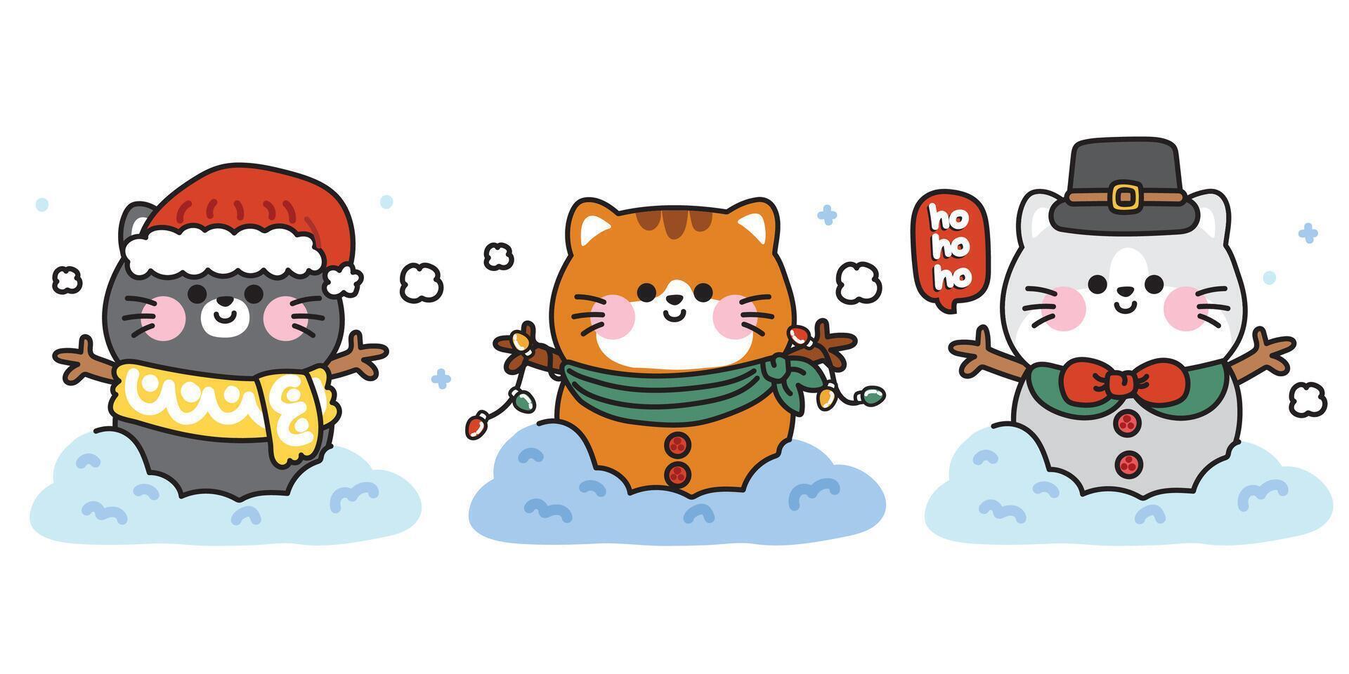 Merry christmas.Happy new year festival.Winter.Set of cute cat wear santa hat and scarf in snowman on snow background.Meow.Pet animal character cartoon.Kawaii.Illustration. vector