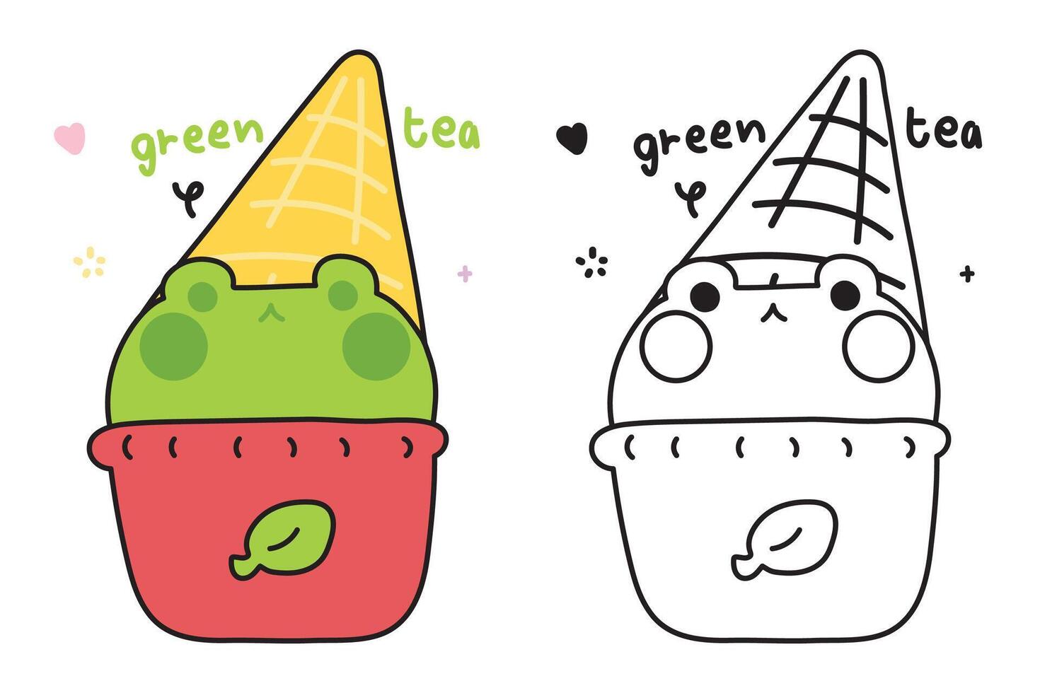 Coloring book.Painting book for kid.Cute frog green tea ice cream flavor with cone.Sweet and dessert.Reptile animal cartoon hand drawn.Kawaii.Illustration. vector