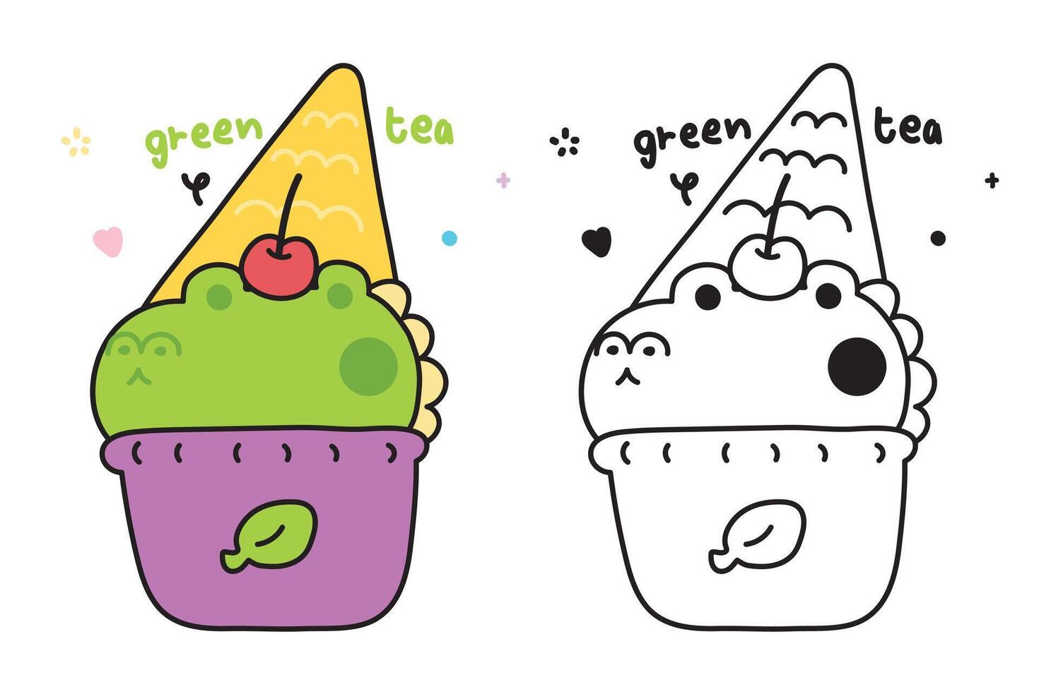 Coloring book.Painting book for kid.Cute crocodile green tea ice cream flavor with cherry and cone.Sweet and dessert.Reptile animal cartoon hand drawn.Kawaii.Illustration. vector