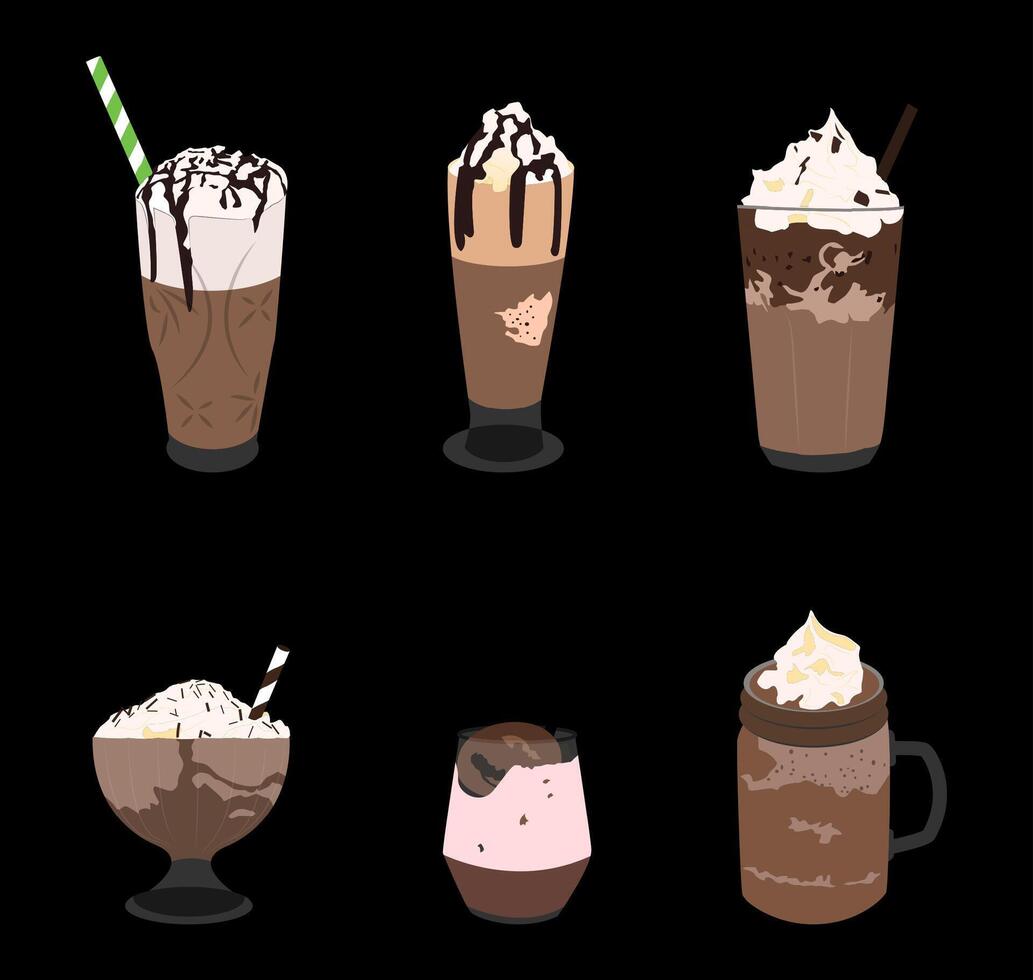 Set of 6 images of cold chocolate drinks. The illustrations also include elements such as ice cubes, straws, and decorative accents, which add to their appeal. with a black isolated background vector