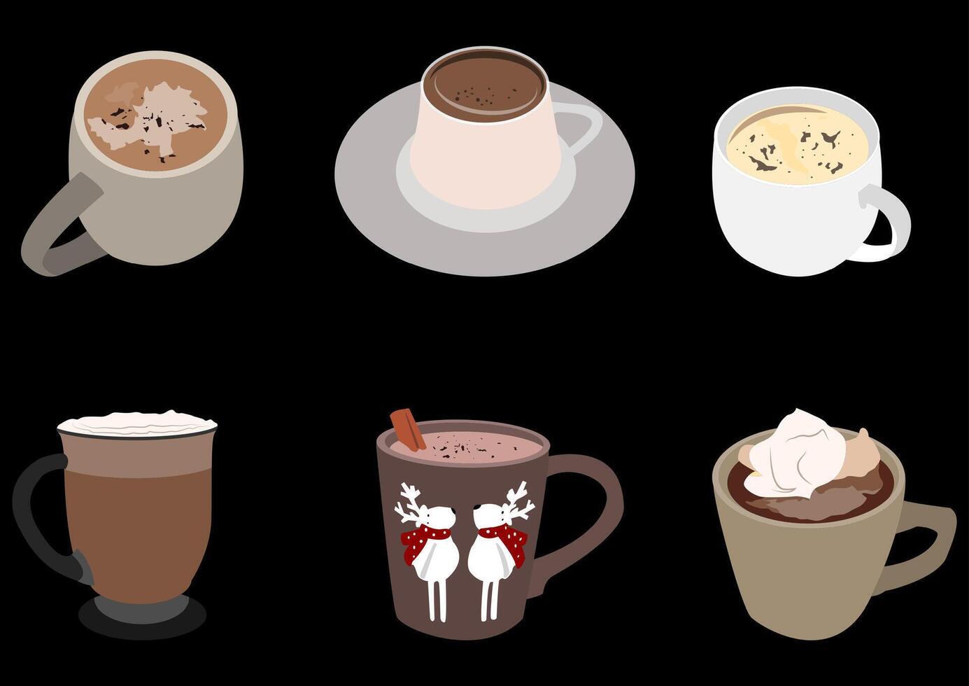 hot chocolate drink set, The illustration also includes elements such as cinnamon, glass cups, and decorative Christmas accents, which add to its appeal. vector