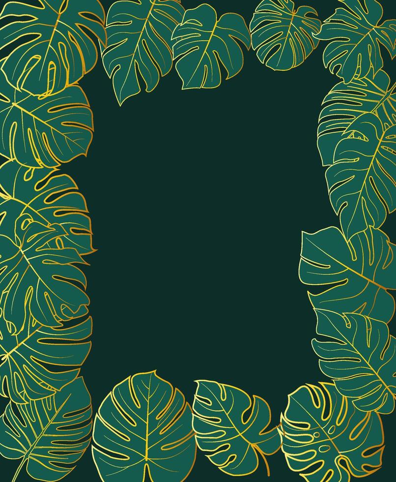 Leaf background with gold border that looks luxurious, with green background, ideal for invitations, summer celebrations, etc. vector