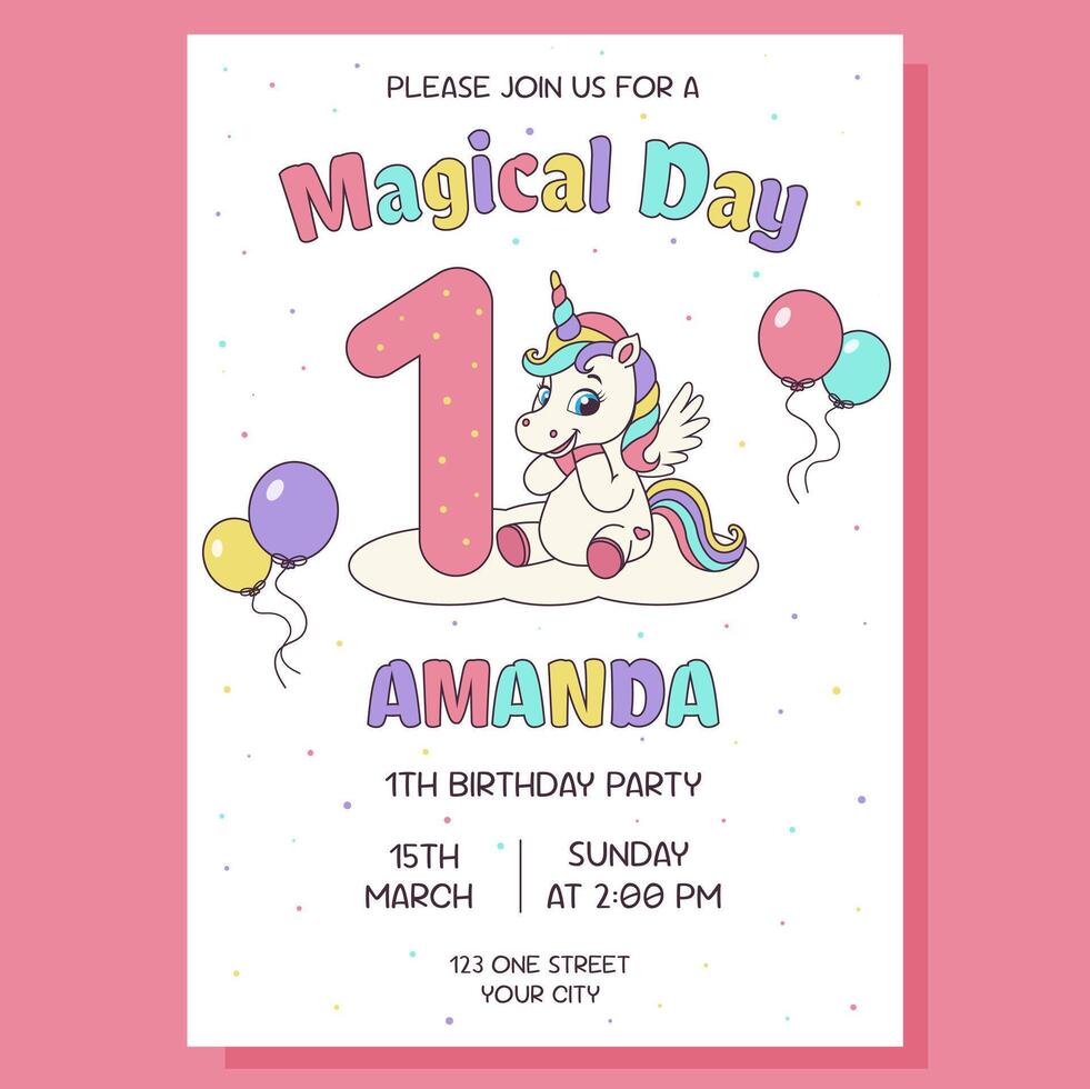 Unicorn invitation. Birthday party invitation card with unicorn and birthday anniversary number. vector