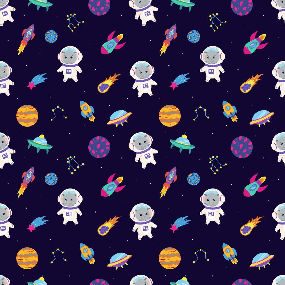 Space animals. Seamless pattern with space elements and animal astronaut elephant. vector