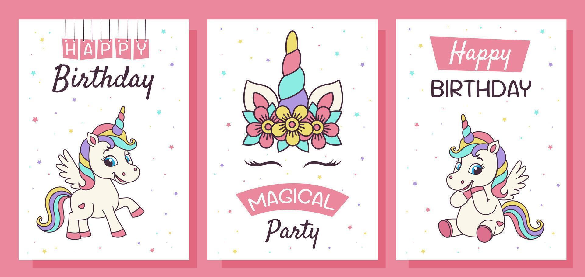 Unicorn set of birthday posters, greeting cards, postcards. Posters with magic elements and unicorns. Birthday party, celebration, congratulations, invitation concept. vector