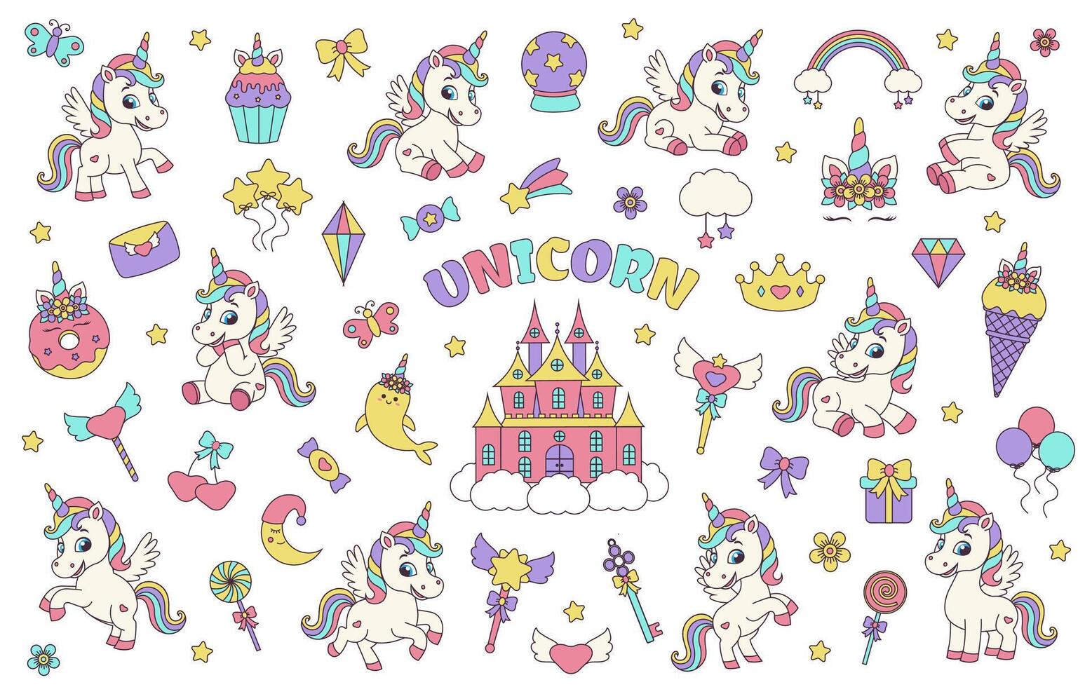 Unicorn set. Big collection with magic elements and little pony fantasy unicorns. vector