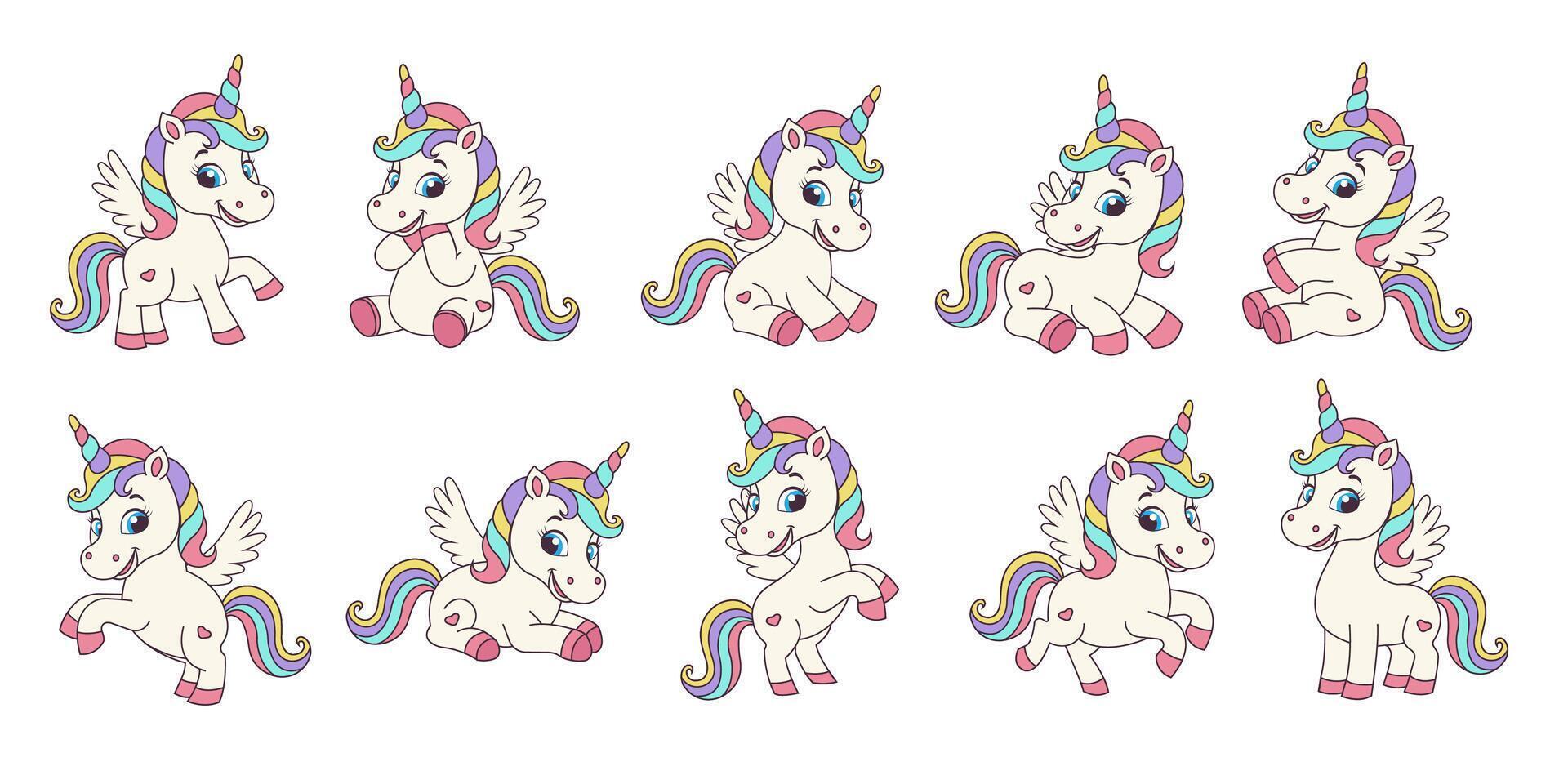 Set of unicorn characters. Unicorns in different poses. Unicorn characters for birthday, invitations, greeting cards, stickers. vector