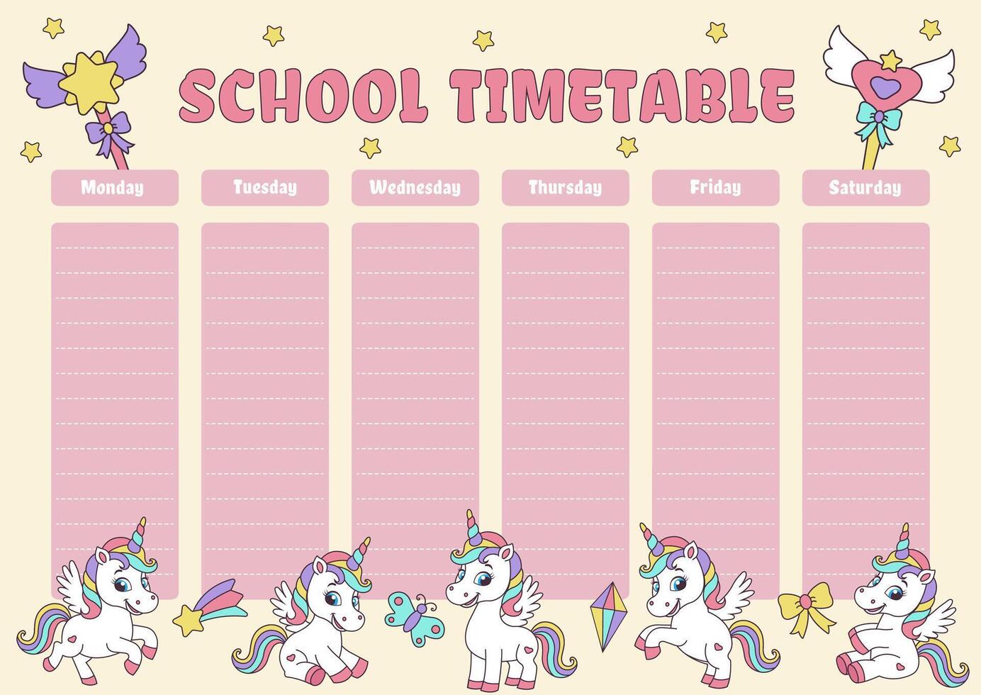 Unicorn school timetable. Timetable with magic elements and unicorns. vector