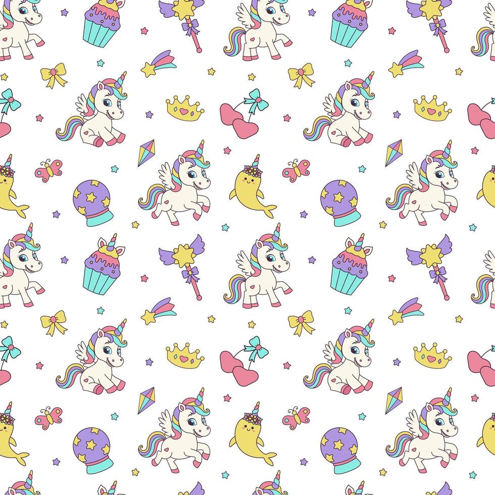 Unicorn seamless pattern. Seamless pattern with magic elements and unicorns. vector