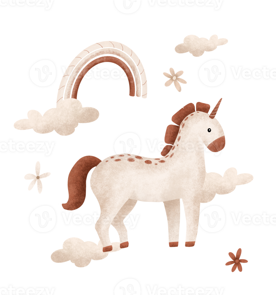 Poster with beige cartoon Unicorn with burgundy mane and clouds with rainbow and flower. Template postcard for text for Baby Party. Illustration horse scandinavian style on isolated background png