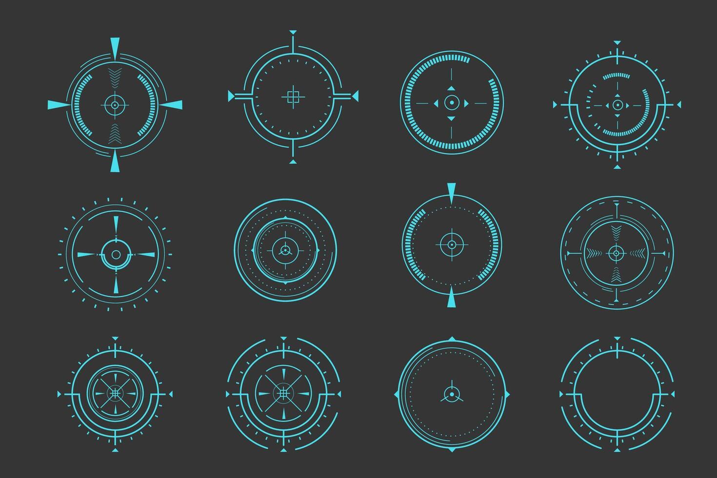 Hud aim pointer optical target, Futuristic focus range indicators, laser crosshair collimator sight. Measurement sniper for sniper gun. Game interface design ui element vector