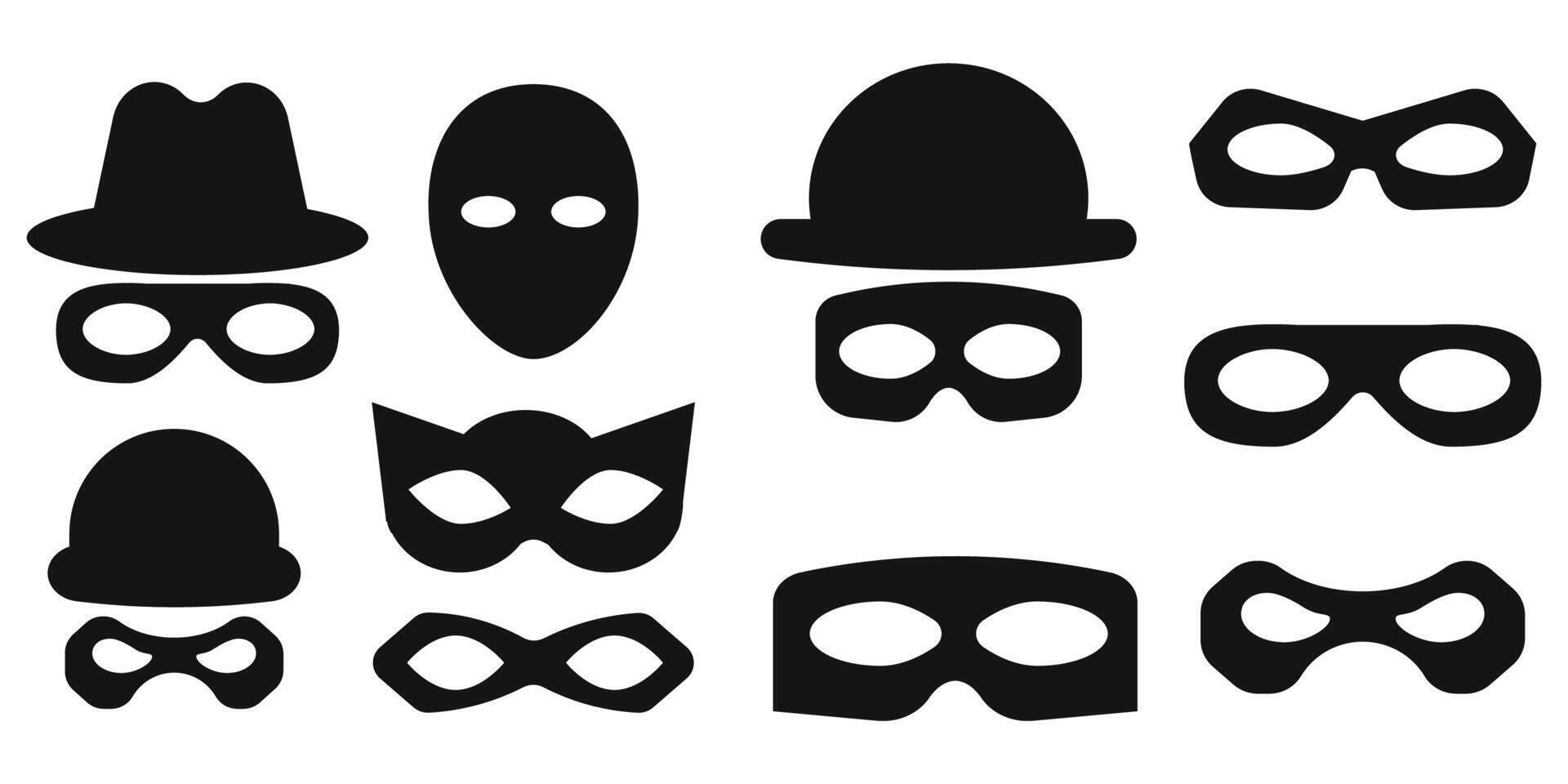 Incognito mask, villain or robber hide face element, black silhouette mystery costume icon. Superhero or carnival bandit burgar vector