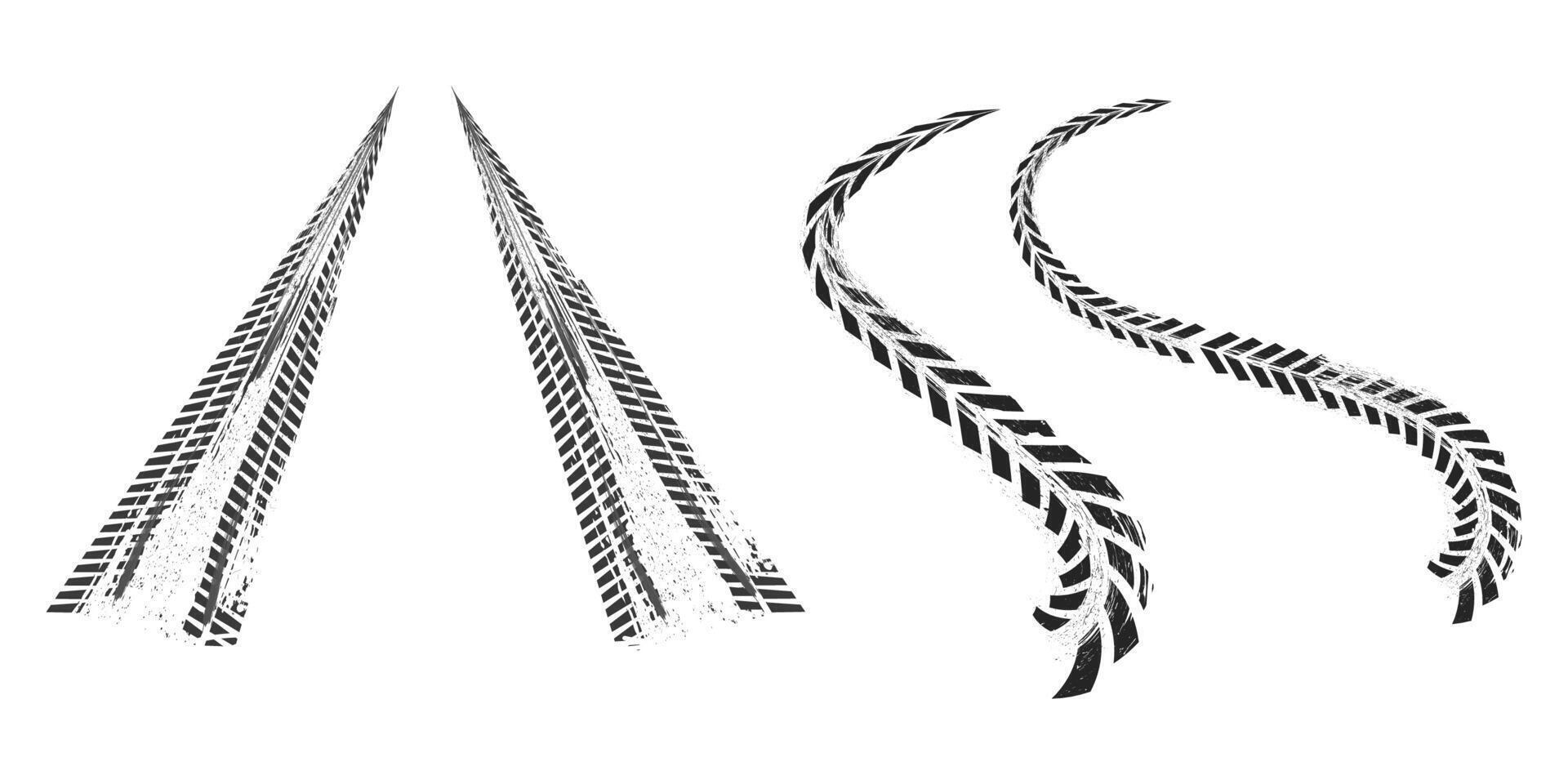 Tyre mark car or bike wheel trace, grunge textured trail silhouette. Top view, print brush stroke dirt. Speed rally dirty rubber path. vector