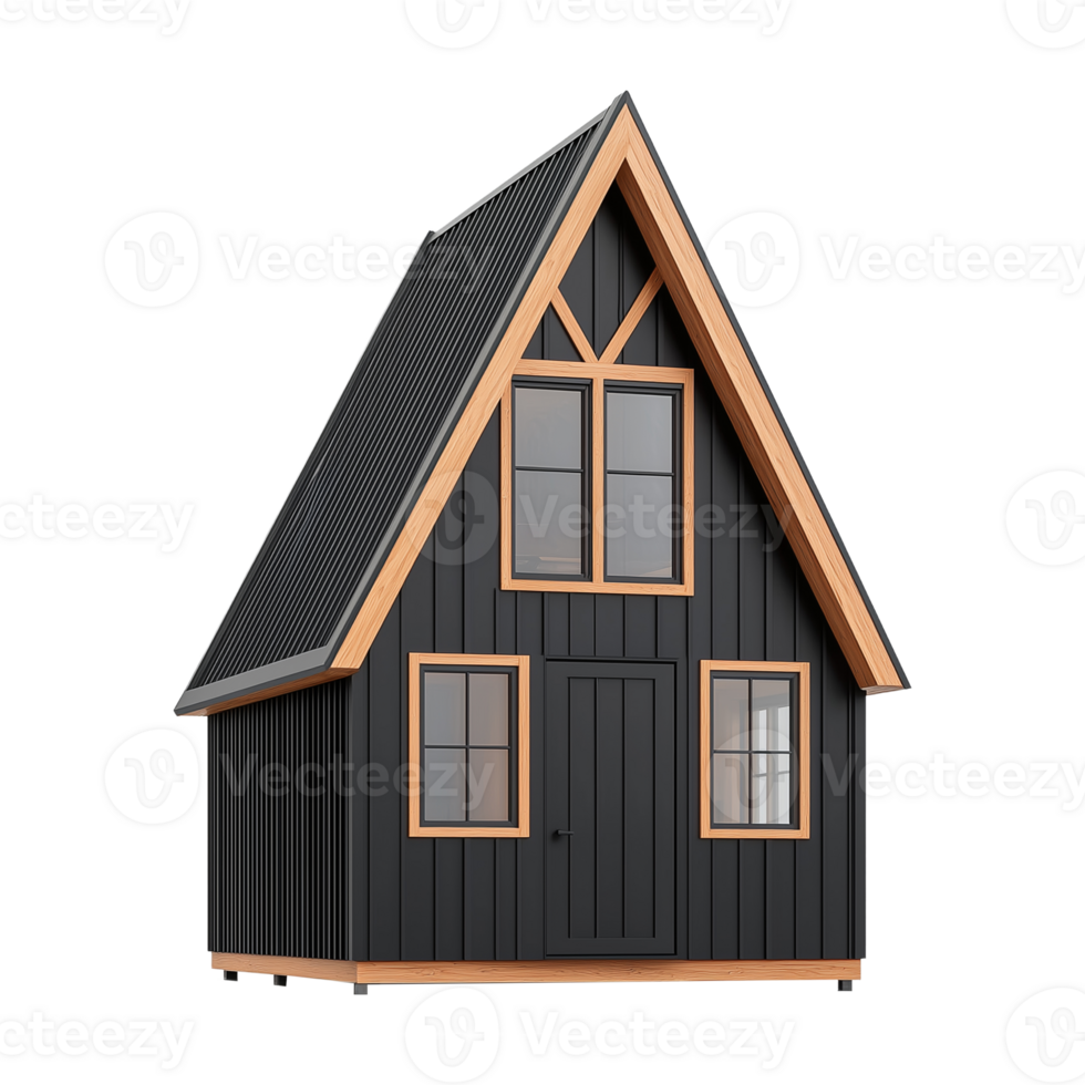 Modern A-frame house design with wooden accents and large windows on transparent background png
