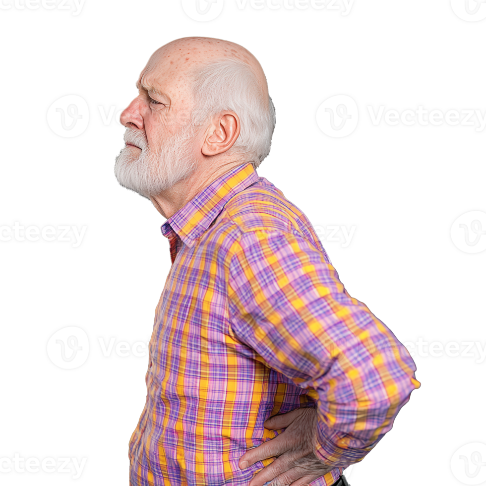 Elderly man experiencing back pain on transparent background png