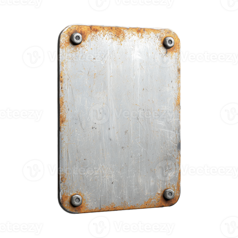 Rusty metal sign with screws and weathered surface on transparent background png