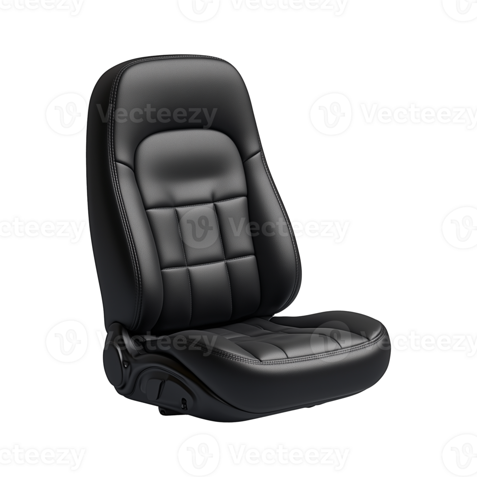 Ergonomic black car seat design with plush padding and sleek contours on transparent background png